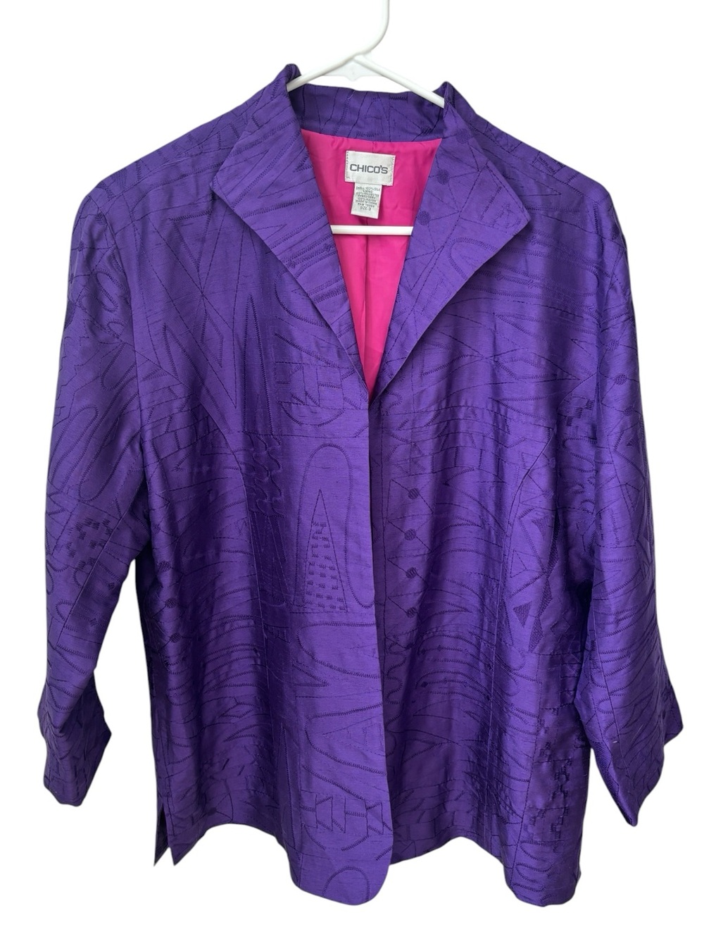 Chico’s Silk Embroidered Jacket Women’s 3 US XL Purple Open Front Lined Artsy